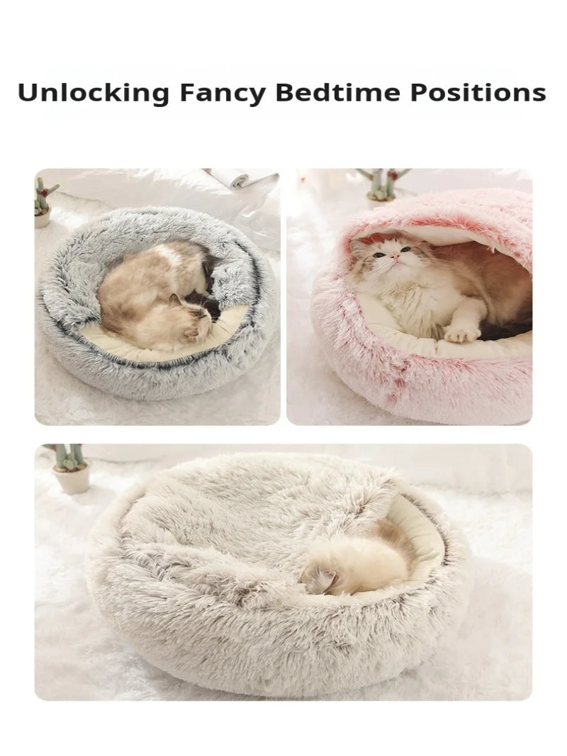 Winter Warm Cat Kennel Soft Plush round Cat Bed Deep Sleep Half Pack Comforter Dog Nest Cave Shell Sleeping for Small Dog Kitten