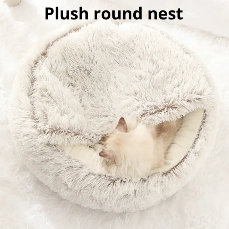 Winter Warm Cat Kennel Soft Plush round Cat Bed Deep Sleep Half Pack Comforter Dog Nest Cave Shell Sleeping for Small Dog Kitten